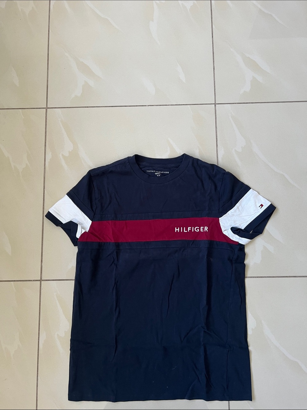 Tommy Hilfiger Navy Tee with Red Chest Stripe and White Sleeve Panels